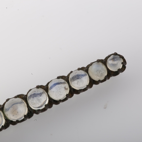 1388 - A 19th century graduated moonstone line bar brooch, unmarked silver settings, brooch length 53.9mm, ... 