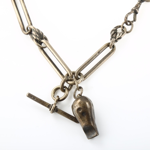 1390 - A heavy Antique silver fancy link Albert chain necklace, with T-bar and whistle fob, chain length 35... 