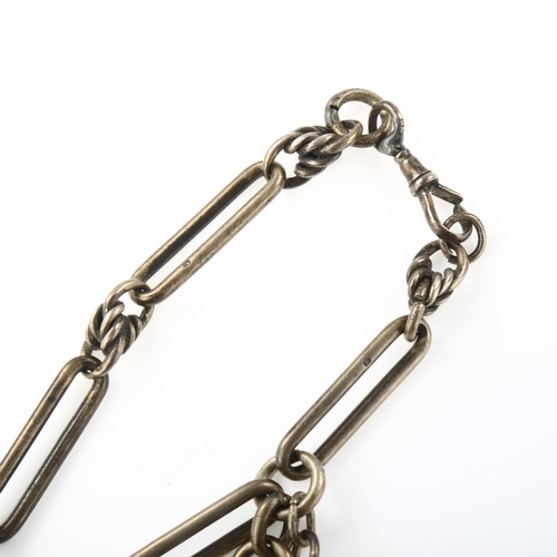 1390 - A heavy Antique silver fancy link Albert chain necklace, with T-bar and whistle fob, chain length 35... 