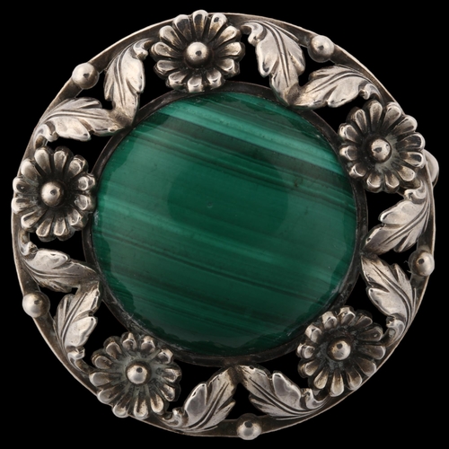 1399 - NIELS ERIK FROM - an Art Nouveau Danish sterling silver and malachite floral brooch, diameter 33.8mm... 