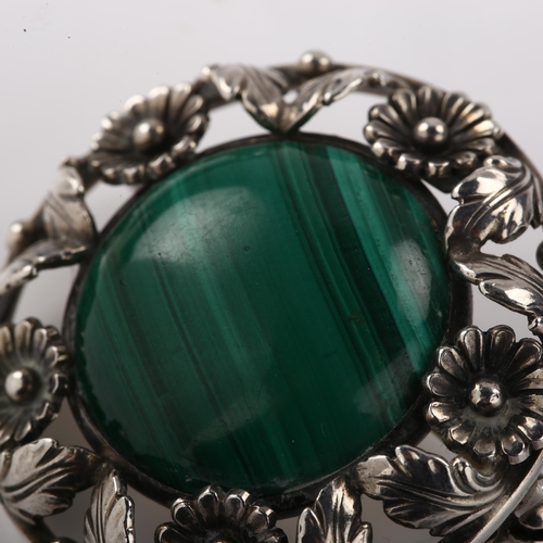 1399 - NIELS ERIK FROM - an Art Nouveau Danish sterling silver and malachite floral brooch, diameter 33.8mm... 