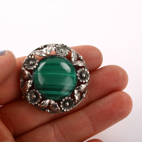 1399 - NIELS ERIK FROM - an Art Nouveau Danish sterling silver and malachite floral brooch, diameter 33.8mm... 