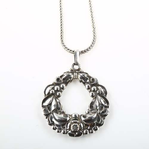 1422 - CARL M KOHR - an Art Nouveau Danish silver laurel wreath pendant necklace, on later silver foxtail l... 