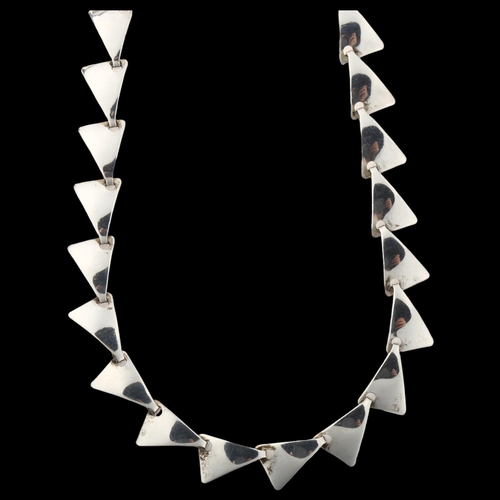 1423 - A Danish sail link fringe necklace, unmarked white metal settings, necklace length 42cm, 17.3g