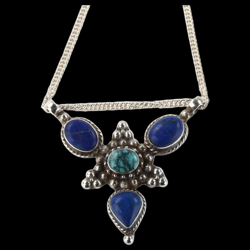 1429 - A large Continental sterling silver turquoise and lapis lazuli pendant necklace, on long sterling cu... 