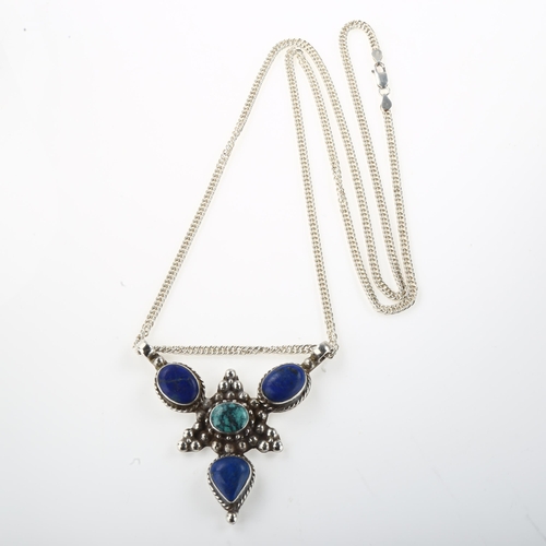 1429 - A large Continental sterling silver turquoise and lapis lazuli pendant necklace, on long sterling cu... 