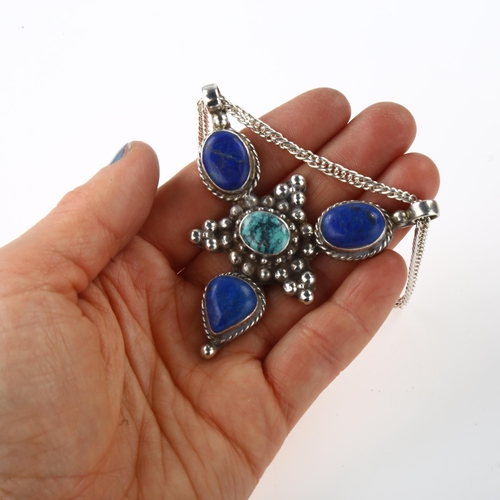 1429 - A large Continental sterling silver turquoise and lapis lazuli pendant necklace, on long sterling cu... 