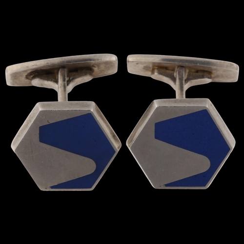 1434 - POUL WARMIND - a pair of Danish sterling silver and blue enamel cufflinks, plain hexagonal form, pan... 