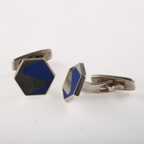 1434 - POUL WARMIND - a pair of Danish sterling silver and blue enamel cufflinks, plain hexagonal form, pan... 