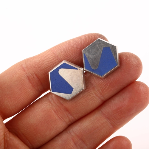 1434 - POUL WARMIND - a pair of Danish sterling silver and blue enamel cufflinks, plain hexagonal form, pan... 