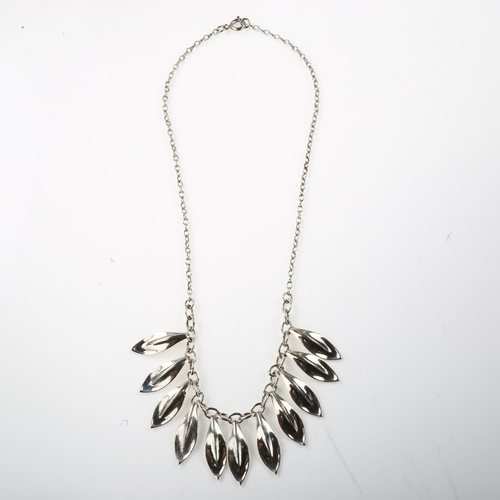 1435 - A Danish modernist leaf fringe necklace, unmarked white metal settings, necklace length 40cm, 13.8g