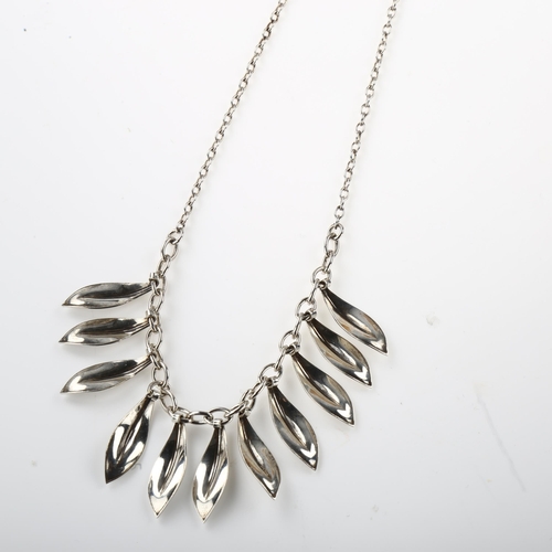 1435 - A Danish modernist leaf fringe necklace, unmarked white metal settings, necklace length 40cm, 13.8g