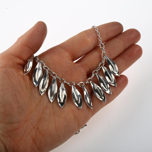 1435 - A Danish modernist leaf fringe necklace, unmarked white metal settings, necklace length 40cm, 13.8g