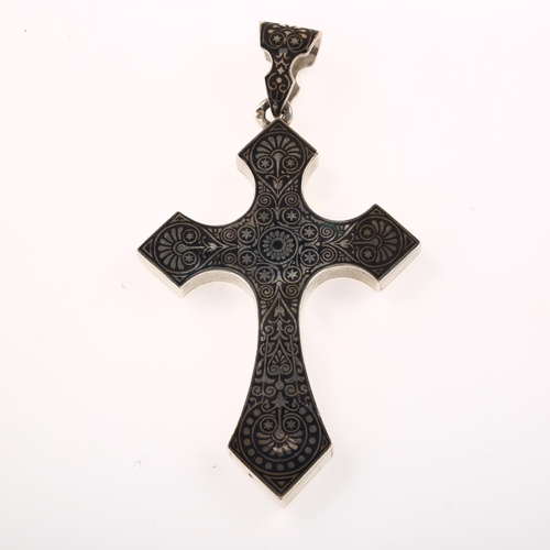 1437 - A 19th century French silver and niello cross pendant, maker's marks M and S, pendant height 77.1mm,... 