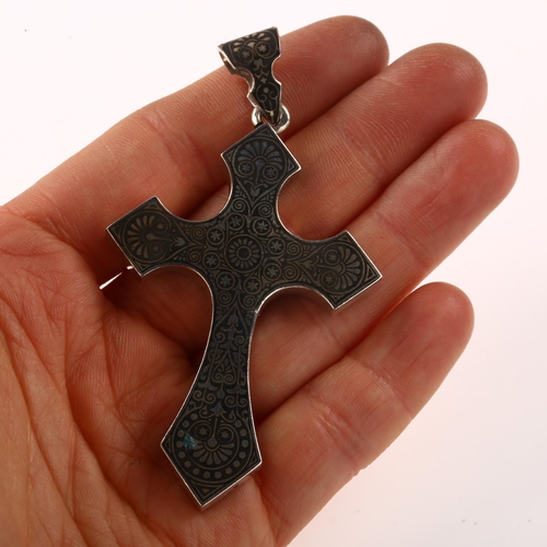 1437 - A 19th century French silver and niello cross pendant, maker's marks M and S, pendant height 77.1mm,... 