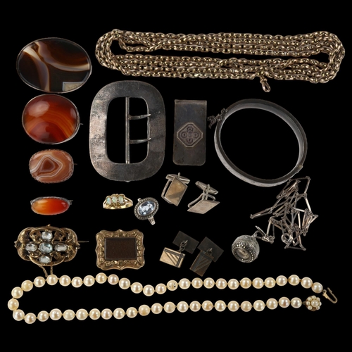 1445 - Various jewellery, including silver money clip, large silver buckle, memorial brooch etc