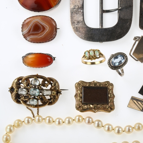 1445 - Various jewellery, including silver money clip, large silver buckle, memorial brooch etc