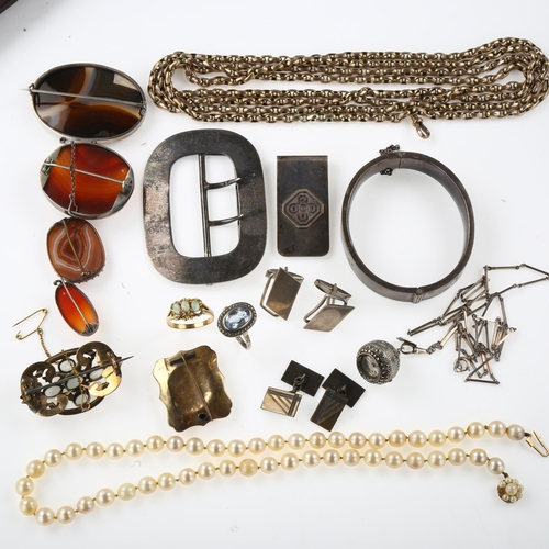 1445 - Various jewellery, including silver money clip, large silver buckle, memorial brooch etc