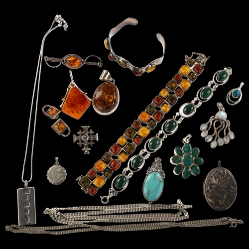 1446 - Various silver jewellery, including amber bracelet, pendant, emerald pendant etc