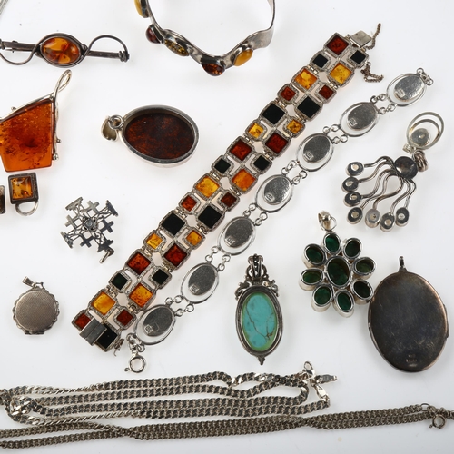 1446 - Various silver jewellery, including amber bracelet, pendant, emerald pendant etc