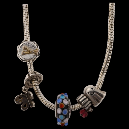 1448 - PANDORA - a sterling silver snake link charm necklace, with 5 silver charms, necklace length 44cm, 4... 