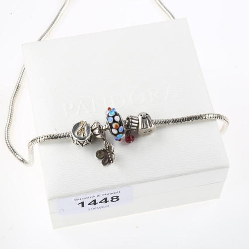 1448 - PANDORA - a sterling silver snake link charm necklace, with 5 silver charms, necklace length 44cm, 4... 