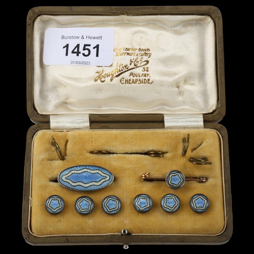 1451 - An Art Deco cased enamel dress set, comprising brooch, tie pin and set of 6 buttons, brooch length 2... 