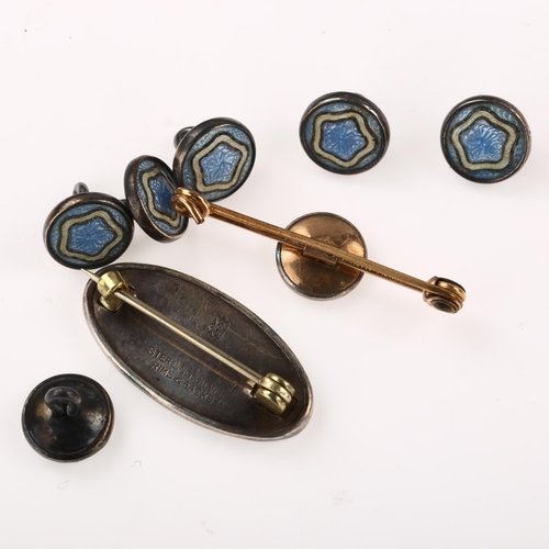 1451 - An Art Deco cased enamel dress set, comprising brooch, tie pin and set of 6 buttons, brooch length 2... 