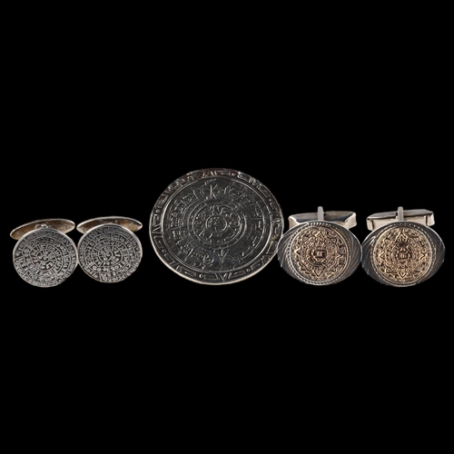 1452 - A Mexican sterling silver and 10k gold dress set, comprising pendant/brooch and 2 pairs of cufflinks... 