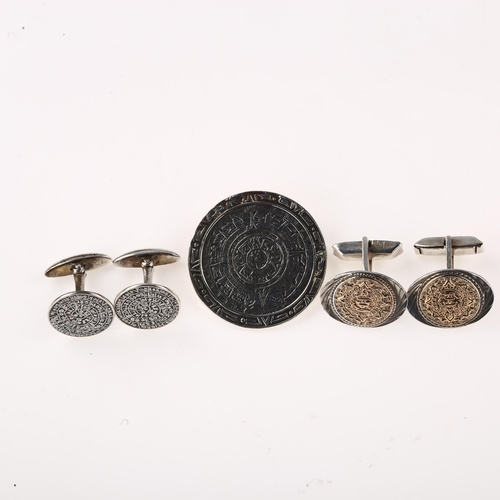 1452 - A Mexican sterling silver and 10k gold dress set, comprising pendant/brooch and 2 pairs of cufflinks... 