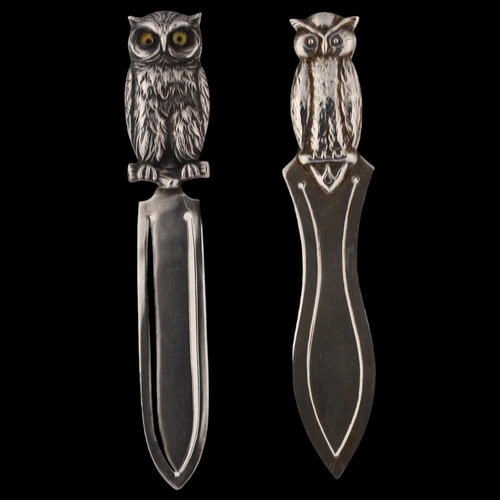 1453 - 2 Danish silver figural owl bookmarks, maker's include Henrick Fogh, largest length 9cm, 10g total (... 