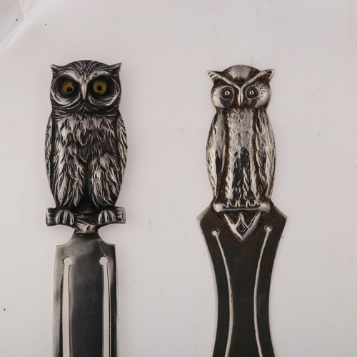 1453 - 2 Danish silver figural owl bookmarks, maker's include Henrick Fogh, largest length 9cm, 10g total (... 