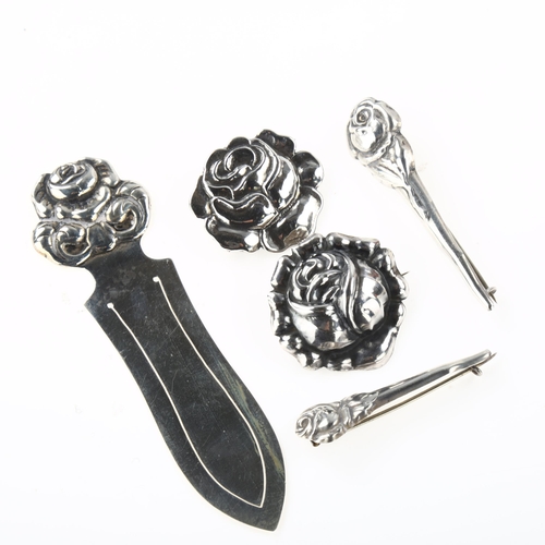 1458 - A Danish Art Nouveau silver rose jewellery set, comprising 4 brooches and 1 bookmark, bookmark lengt... 