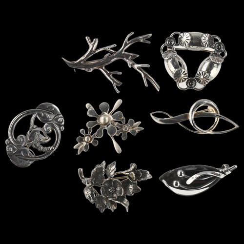 1460 - 7 Scandinavian silver floral brooches, maker's include John Lauridsen, largest length 55.8mm, 46.5g ... 