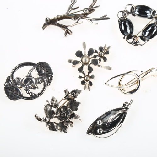 1460 - 7 Scandinavian silver floral brooches, maker's include John Lauridsen, largest length 55.8mm, 46.5g ... 