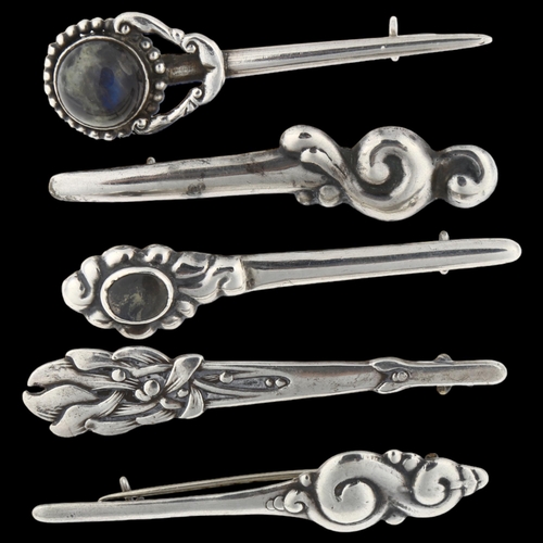 1461 - 5 Art Nouveau Danish silver stone set brooches, largest length 63.8mm, 20.6g total (5)