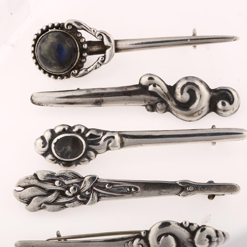 1461 - 5 Art Nouveau Danish silver stone set brooches, largest length 63.8mm, 20.6g total (5)