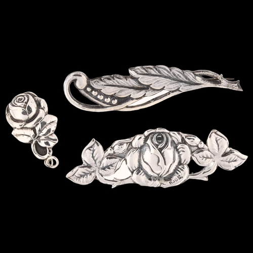 1464 - Various Art Nouveau Danish silver jewellery, comprising 1 x pendant and 2 x brooches, largest length... 