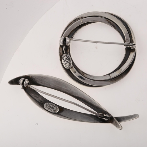 1465 - HERMANN SIERSBOL - 2 Danish modernist sterling silver brooches, largest length 59.3mm, 12.7g total (... 