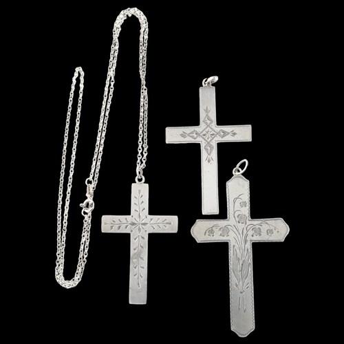 1469 - 3 Danish silver cross pendants, with engraved decoration, largest height 75mm, 21.4g total (3)