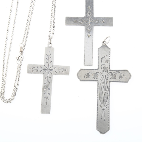 1469 - 3 Danish silver cross pendants, with engraved decoration, largest height 75mm, 21.4g total (3)