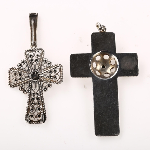 1470 - 2 Danish silver Viking Revival cross pendants, largest height 58.5mm, 19g total (2)