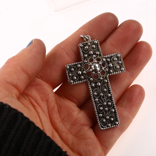 1470 - 2 Danish silver Viking Revival cross pendants, largest height 58.5mm, 19g total (2)