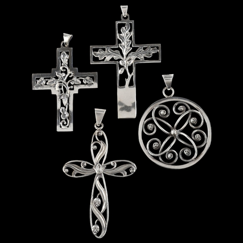 1471 - 4 Danish Art Nouveau silver pendants, including cross examples, largest height 67.2mm, 26.4g total (... 