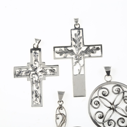 1471 - 4 Danish Art Nouveau silver pendants, including cross examples, largest height 67.2mm, 26.4g total (... 