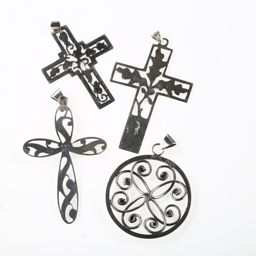 1471 - 4 Danish Art Nouveau silver pendants, including cross examples, largest height 67.2mm, 26.4g total (... 