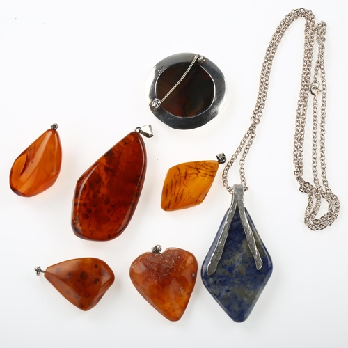 1472 - Various Danish stone set jewellery, including Baltic amber, agate etc, largest pendant height 68mm, ... 