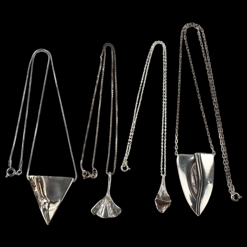 1474 - 4 Danish silver abstract fold pendant necklaces, maker's include Aagaard, largest pendant height 43.... 