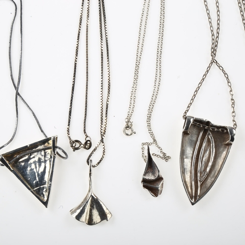 1474 - 4 Danish silver abstract fold pendant necklaces, maker's include Aagaard, largest pendant height 43.... 