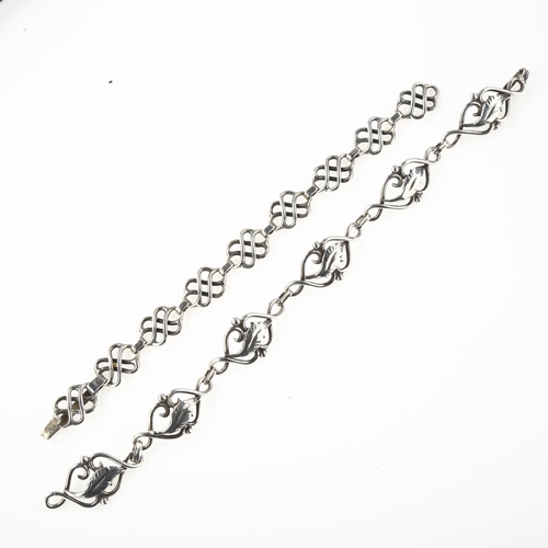 1475 - 2 Danish Art Nouveau panel bracelets, unmarked white metal settings, lengths 16cm and and 20cm, 29.1... 